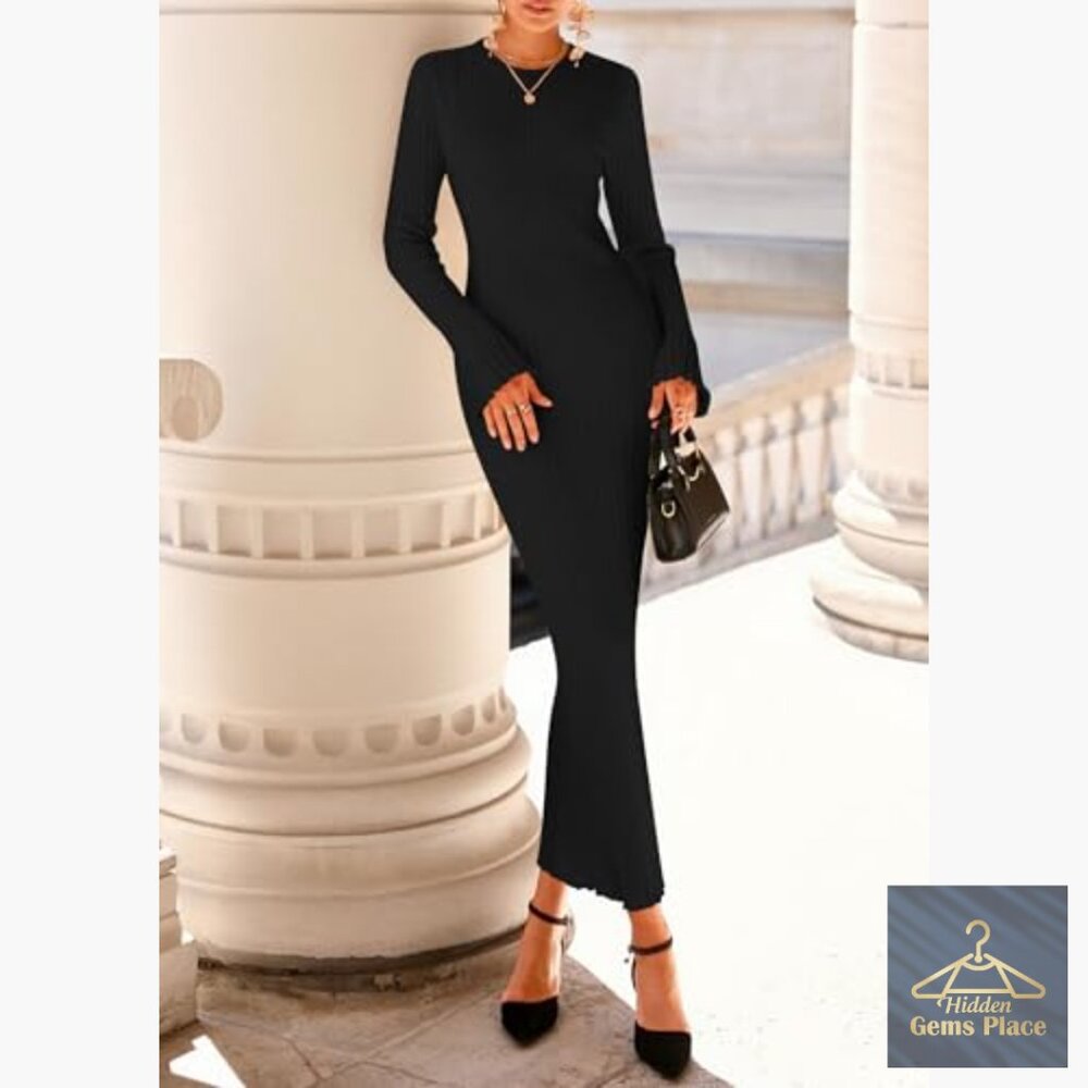 Long Sleeve Bodycon Maxi Dress Ribbed Knit Bell Sleeve Crew Neck - Picture 2 of 7